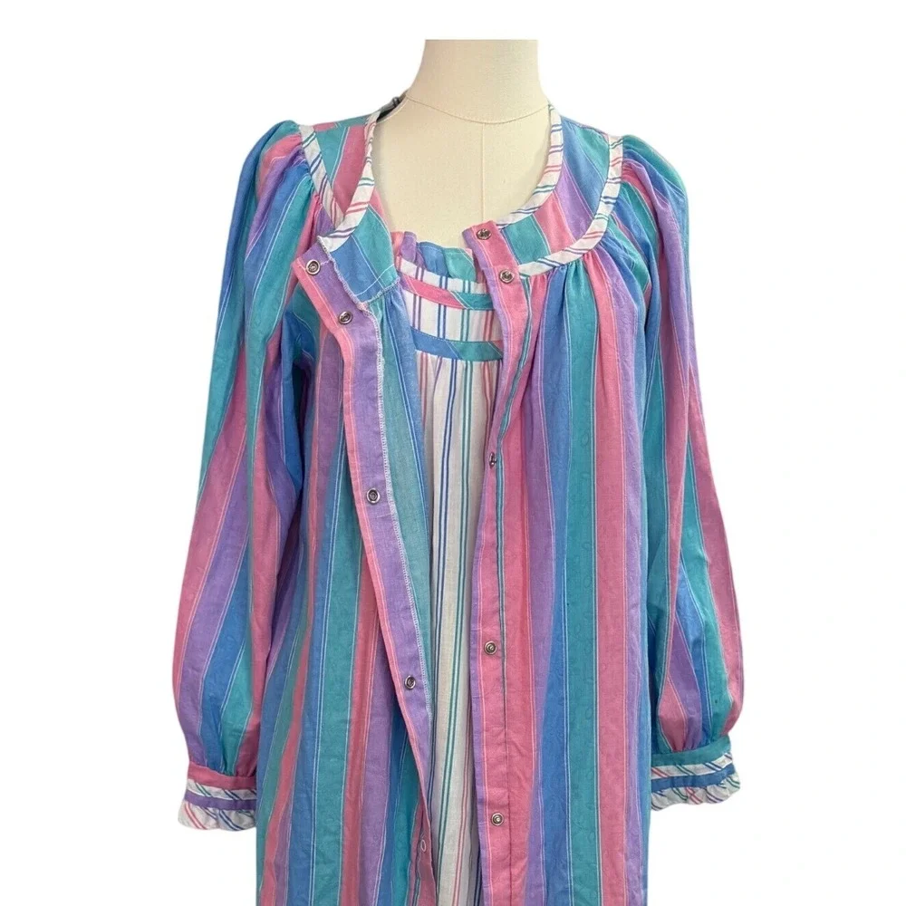 Vintage 70s 80s Barad Co Pastel  Striped Robe Nightgown Peignoir Set S ILGWU
